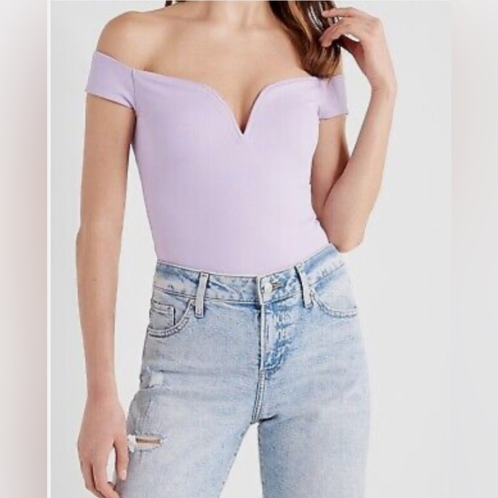 Express Lilac BODY CONTOUR RIBBED OFF THE SHOULDER THONG BODYSUIT Size Small